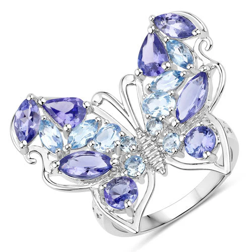 3.60 Carat Genuine Tanzanite and Swiss Blue Topaz .925 Sterling Silver Ring - Image 5
