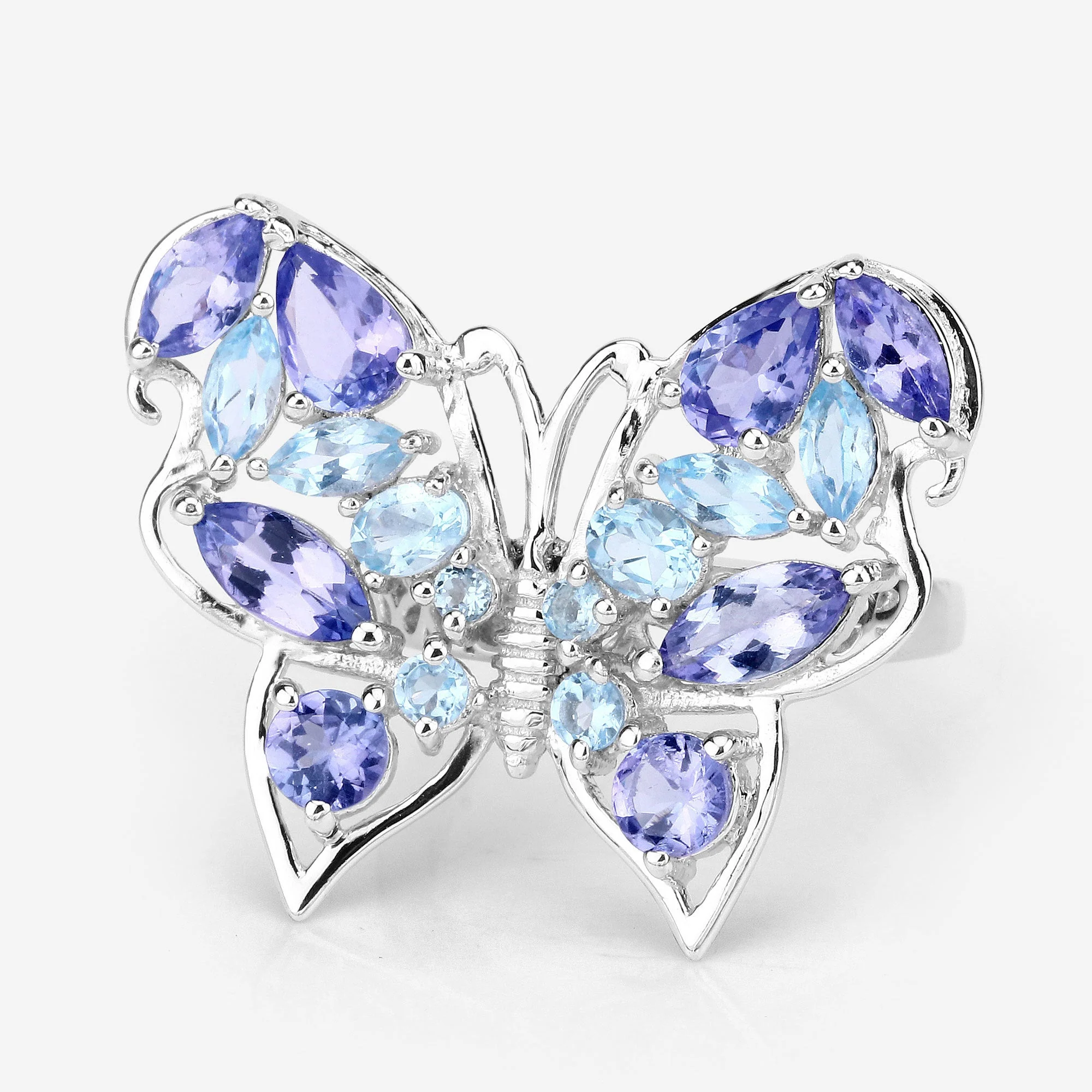 3.60 Carat Genuine Tanzanite and Swiss Blue Topaz .925 Sterling Silver Ring - Image 4