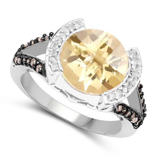 3.64 Carat Genuine Citrine, Champagne Diamond and White Diamond .925 Sterling Silver Ring - Image 5
