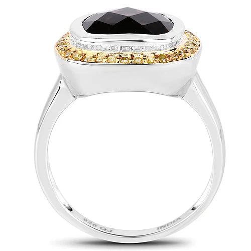 3.67 Carat Genuine Smoky Quartz and Yellow Diamond .925 Sterling Silver Ring - Image 5