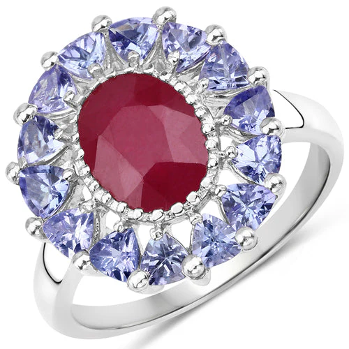 3.70 Carat Glass Filled Ruby and Tanzanite .925 Sterling Silver Ring - Image 4