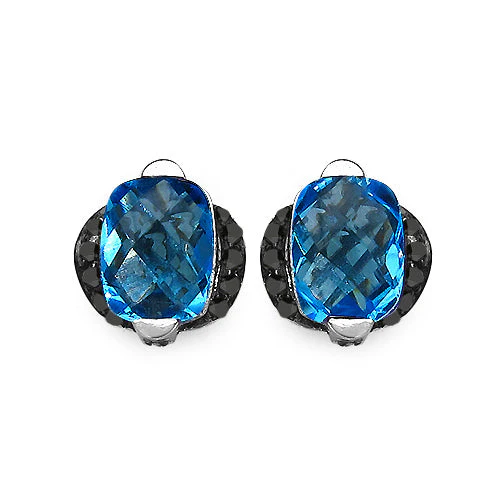 3.74 Carat Genuine Blue Topaz & Black Diamond .925 Sterling Silver Earrings