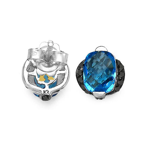 3.74 Carat Genuine Blue Topaz & Black Diamond .925 Sterling Silver Earrings - Image 6