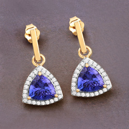 3.86 Carat Genuine Tanzanite and White Diamond 14K Yellow Gold Earrings - Image 5
