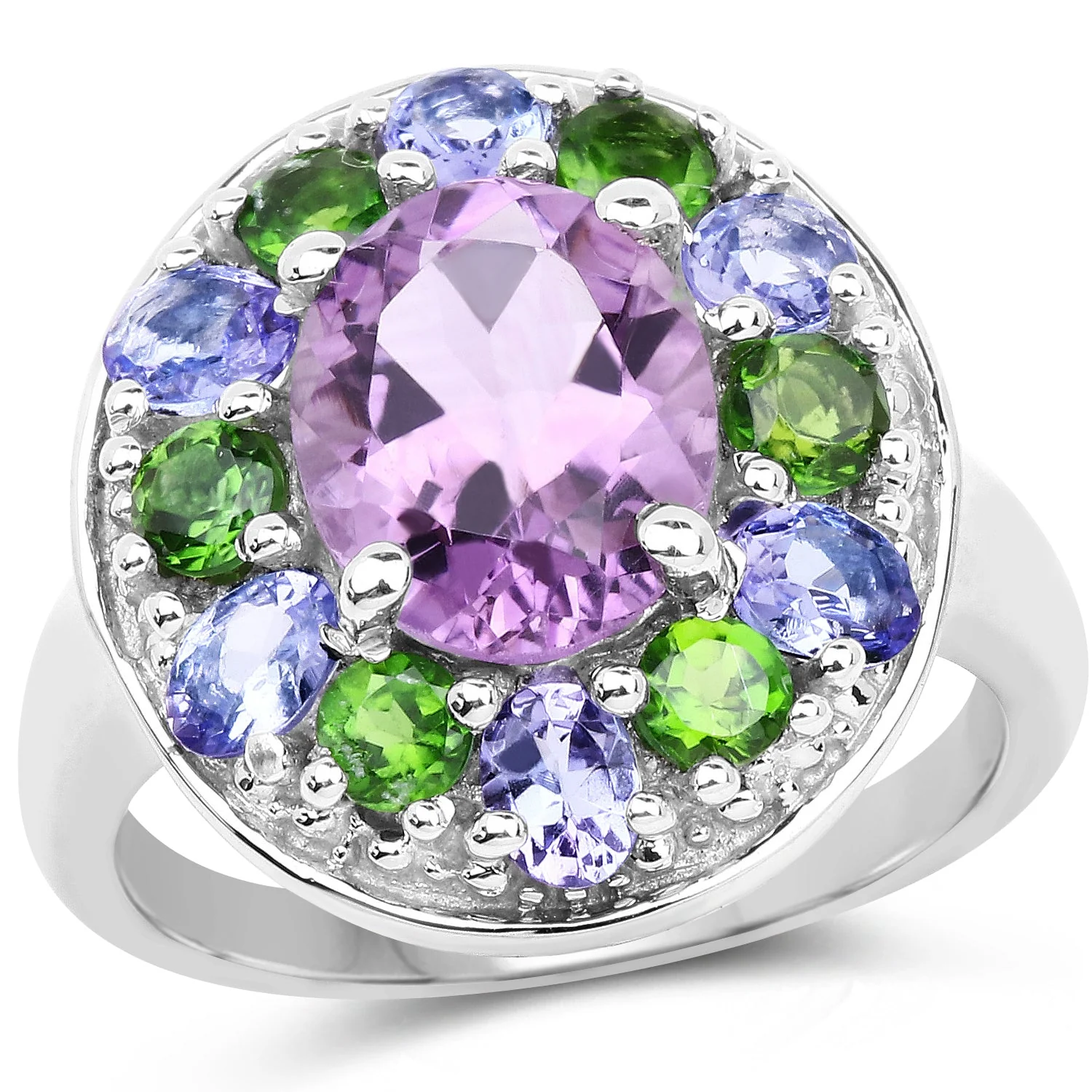 3.89 Carat Genuine Amethyst, Tanzanite & Chrome Diopside .925 Sterling Silver Ring