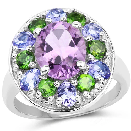 3.89 Carat Genuine Amethyst, Tanzanite & Chrome Diopside .925 Sterling Silver Ring - Image 4