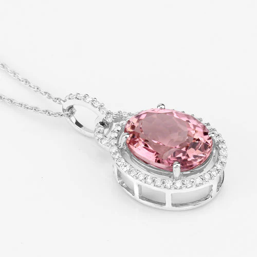 3.90 Carat Genuine Pink Tourmaline and White Diamond 14K White Gold Pendant - Image 11