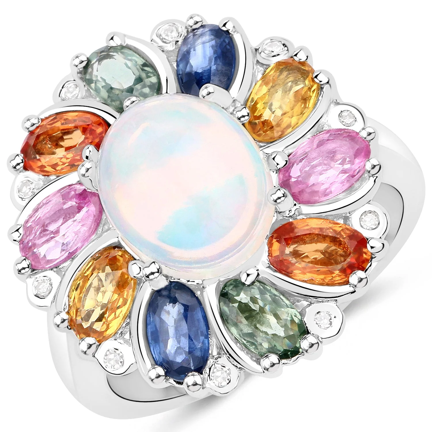 3.92 Carat Genuine Ethiopian Opal, Multi Sapphire and White Diamond .925 Sterling Silver Ring - Image 2
