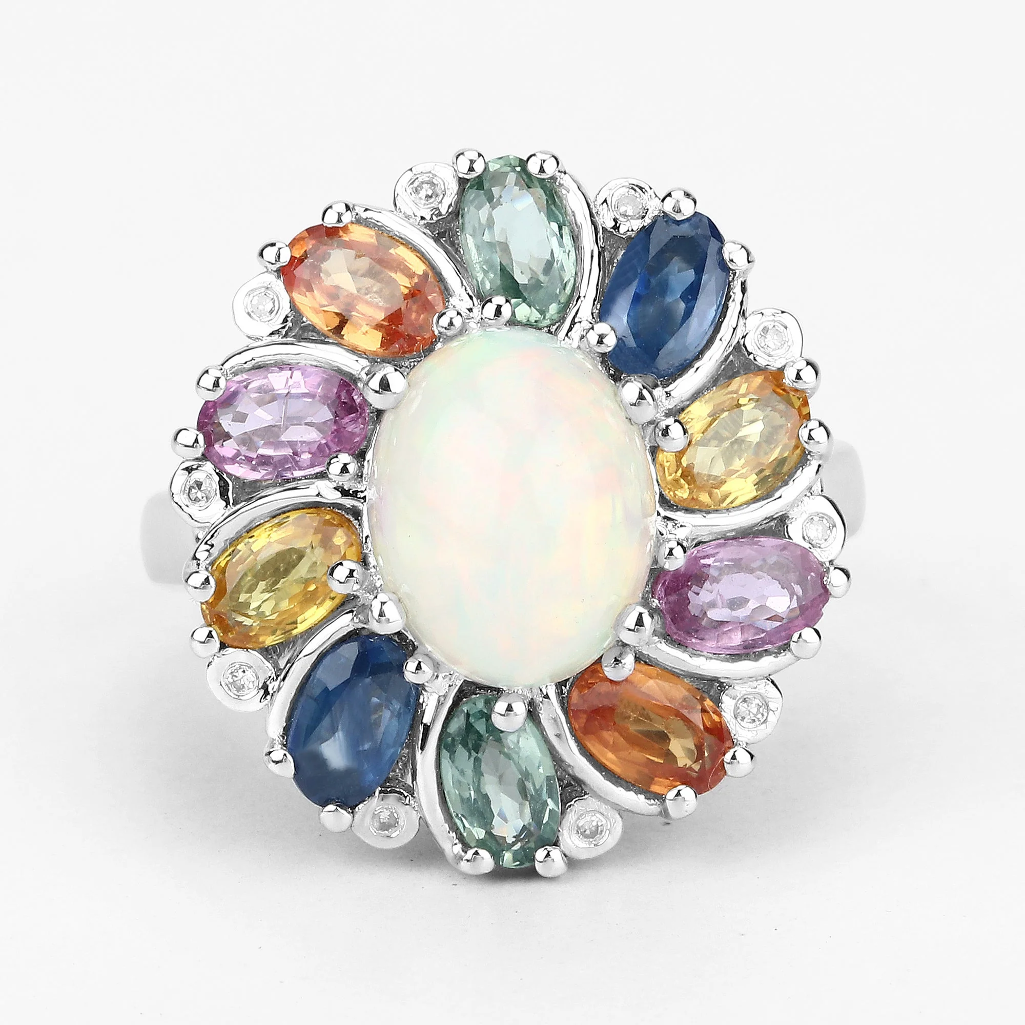 3.92 Carat Genuine Ethiopian Opal, Multi Sapphire and White Diamond .925 Sterling Silver Ring - Image 4