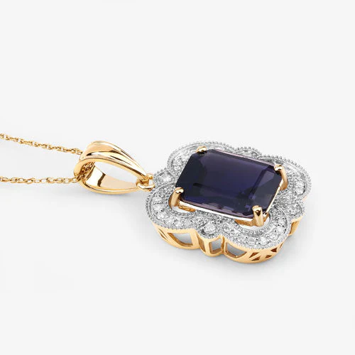 4.07 Carat Genuine Iolite and White Diamond 14K Yellow Gold Pendant - Image 10
