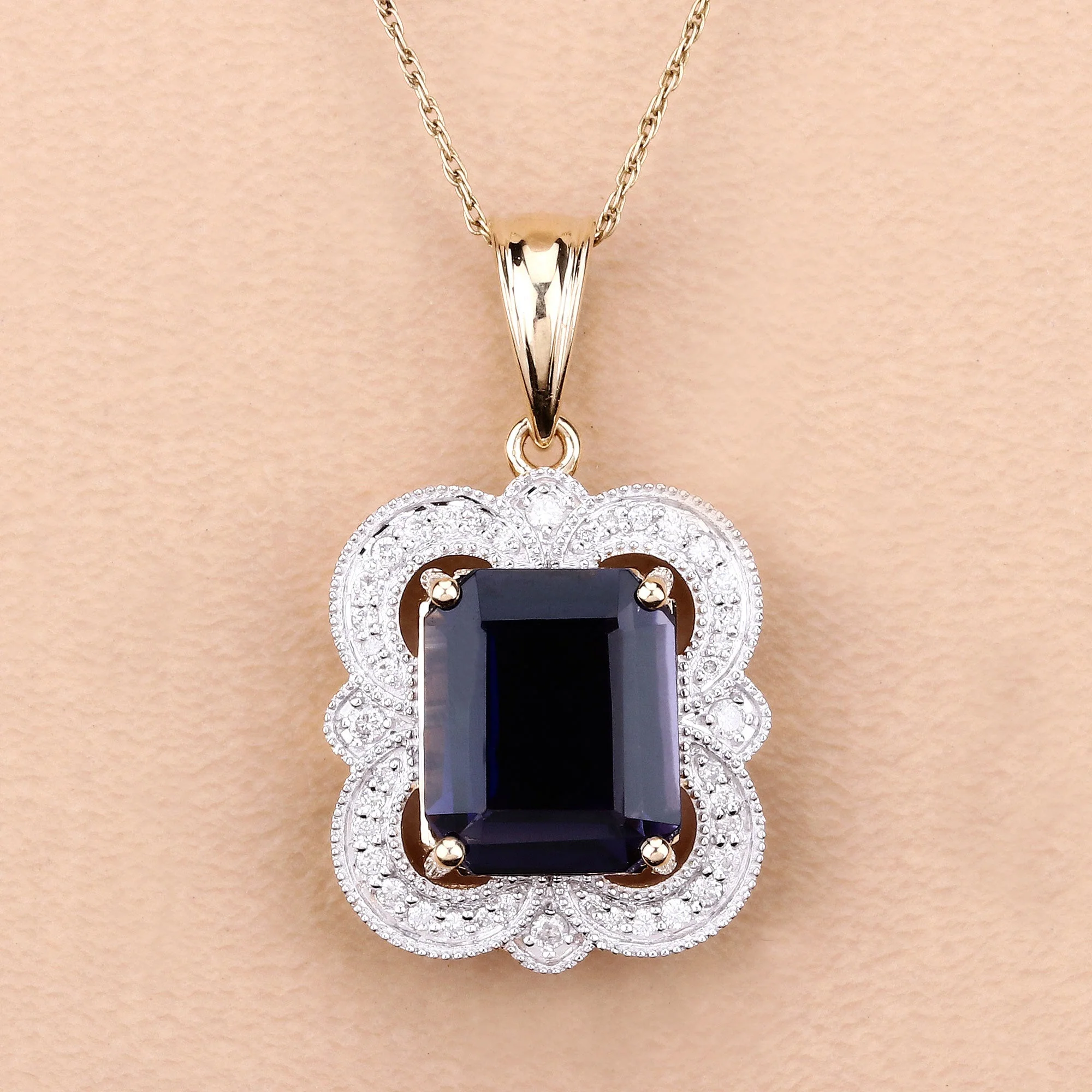 4.07 Carat Genuine Iolite and White Diamond 14K Yellow Gold Pendant - Image 4