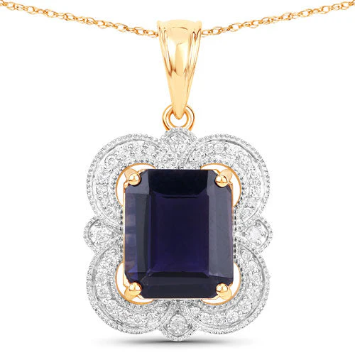 4.07 Carat Genuine Iolite and White Diamond 14K Yellow Gold Pendant - Image 5