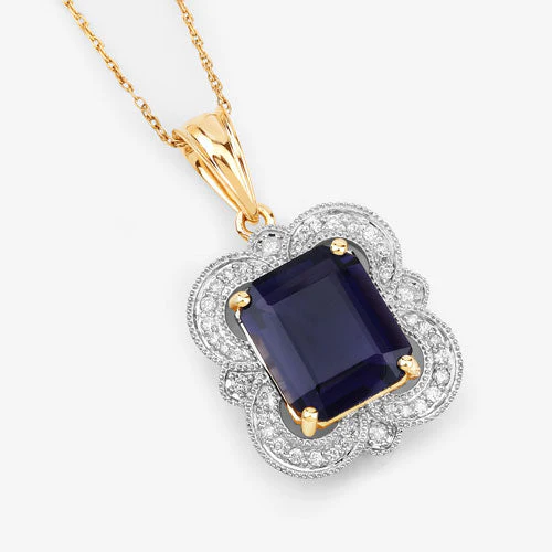 4.07 Carat Genuine Iolite and White Diamond 14K Yellow Gold Pendant - Image 7
