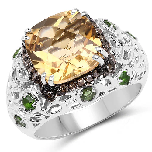 4.13 Carat Genuine Citrine, Chrome Diopside & Champagne Diamond .925 Sterling Silver Ring - Image 4