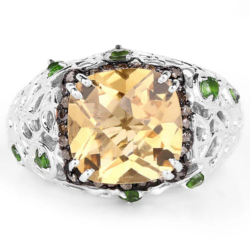 4.13 Carat Genuine Citrine, Chrome Diopside & Champagne Diamond .925 Sterling Silver Ring - Image 6
