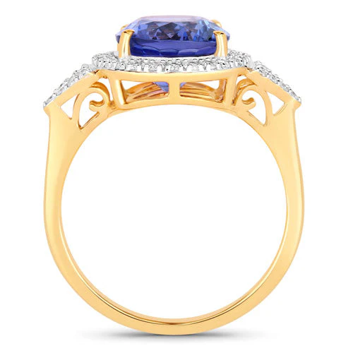 4.13 Carat Genuine Tanzanite and White Diamond 14K Yellow Gold Ring - Image 2
