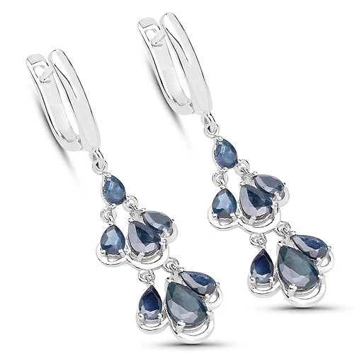 4.18 Carat Genuine Blue Sapphire .925 Sterling Silver Earrings - Image 2