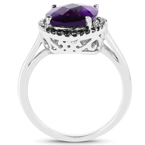 4.52 Carat Genuine Amethyst, Black Diamond & White Diamond .925 Sterling Silver Ring - Image 2