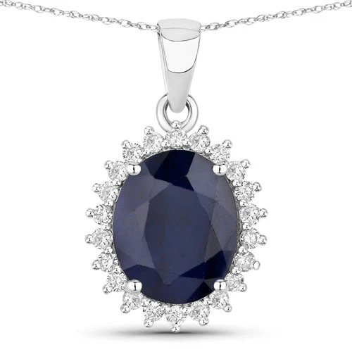 4.63 Carat Genuine Blue Sapphire and White Diamond 14K White Gold Pendant