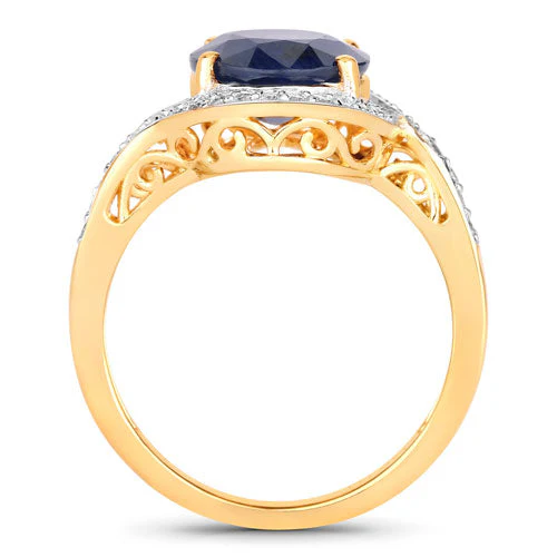 4.69 Carat Genuine Blue Sapphire and White Diamond 14K Yellow Gold Ring - Image 2