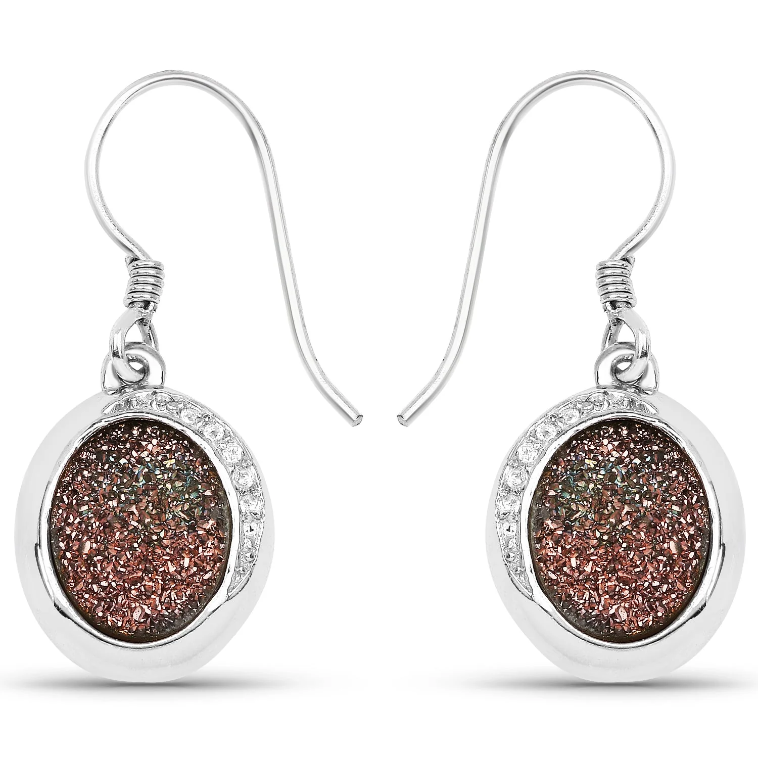 4.72 Carat Genuine Copper Bloom Drusy and White Topaz .925 Sterling Silver Earrings