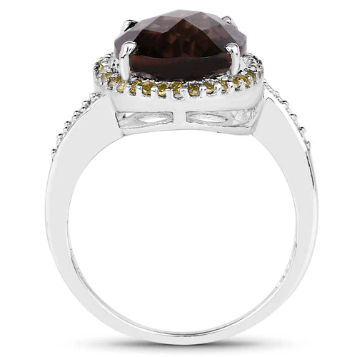4.85 Carat Genuine Smoky Quartz, Yellow Diamond & White Diamond .925 Sterling Silver Ring - Image 5