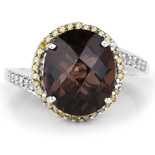 4.85 Carat Genuine Smoky Quartz, Yellow Diamond & White Diamond .925 Sterling Silver Ring - Image 6