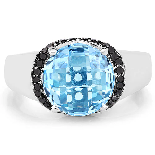 4.94 Carat Genuine Baby Swiss Blue Topaz and Black Diamond .925 Sterling Silver Ring - Image 6