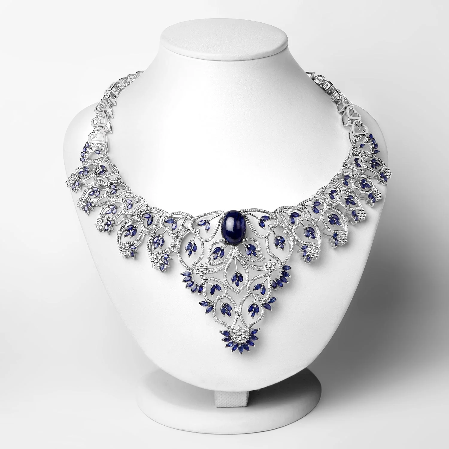 40.93 Carat Genuine Glass Filled Sapphire and White Diamond .925 Sterling Silver Necklace - Image 3