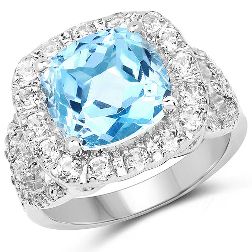 5.17 Carat Genuine Blue Topaz and White Topaz .925 Sterling Silver Ring - Image 4