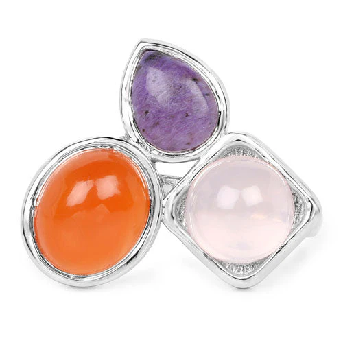 5.21 Carat Genuine Rose Quartz, Carnelian And Charolite .925 Sterling Silver Ring - Image 6