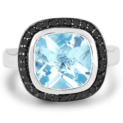 5.23 Carat Genuine Baby Swiss Blue Topaz and Black Diamond .925 Sterling Silver Ring - Image 6