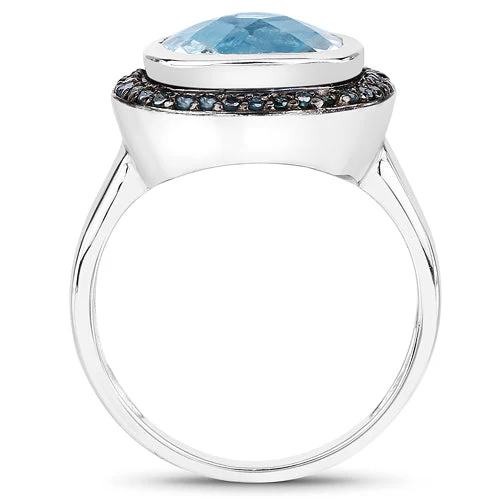 5.23 Carat Genuine Swiss Blue Topaz and Black Diamond .925 Sterling Silver Ring - Image 2