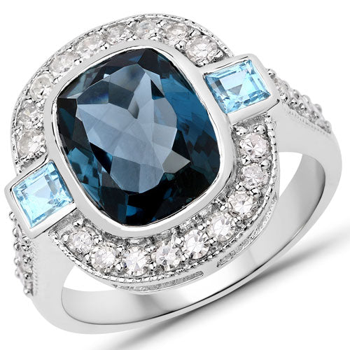 "5.27 Carat Genuine London Blue Topaz, Swiss Blue Topaz and White Diamond .925 Sterling Silver Ring - Image 2
