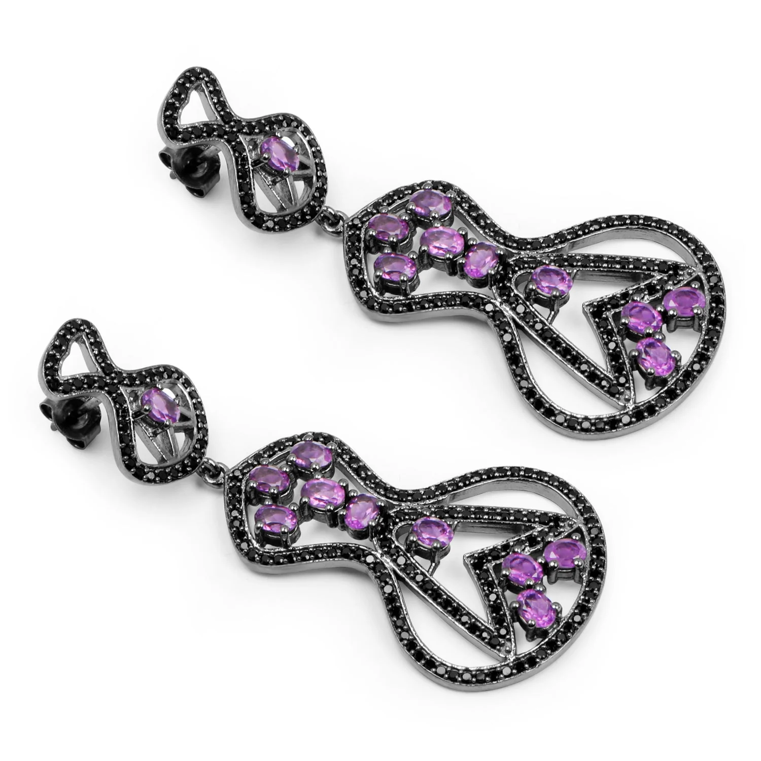 5.30 Carat Genuine Amethyst and Black Spinel .925 Sterling Silver Earrings - Image 3