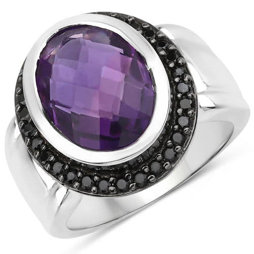 5.35 Carat Genuine Amethyst and Black Spinel .925 Sterling Silver Ring - Image 4