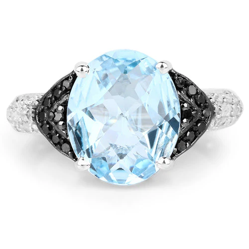 5.37 Carat Genuine Swiss Blue Topaz, Black Diamond & White Topaz .925 Sterling Silver Ring - Image 6