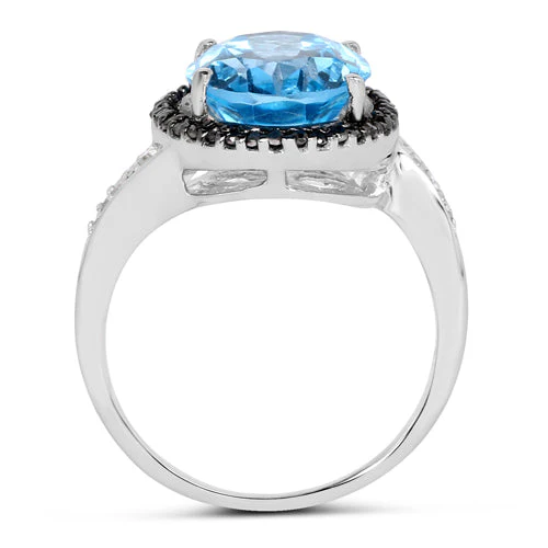 5.48 Carat Genuine Swiss Blue Topaz, Black Diamond and White Diamond .925 Sterling Silver Ring - Image 5