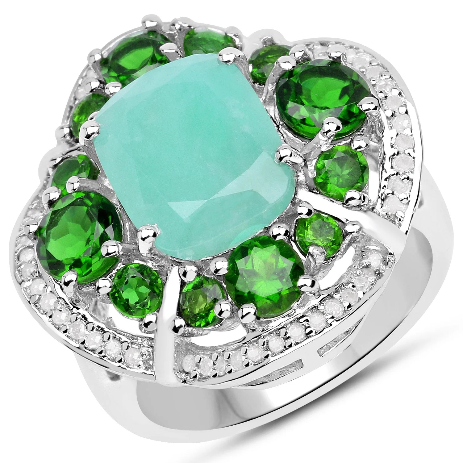 5.49 Carat Genuine Emerald, Chrome Diopside and White Diamond .925 Sterling Silver Ring - Image 2