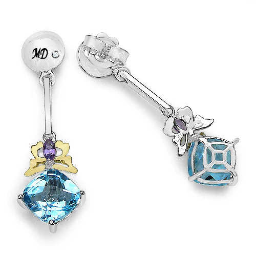 5.55 Carat Genuine Blue Topaz, Amethyst & White Diamond .925 Sterling Silver Earrings - Image 3