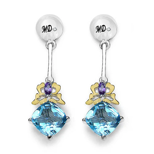 5.55 Carat Genuine Blue Topaz, Amethyst & White Diamond .925 Sterling Silver Earrings - Image 4
