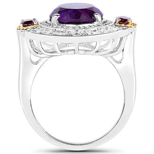 5.58 Carat Genuine Amethyst, Rhodolite and White Diamond 14K Yellow Gold with .925 Sterling Silver Ring - Image 2