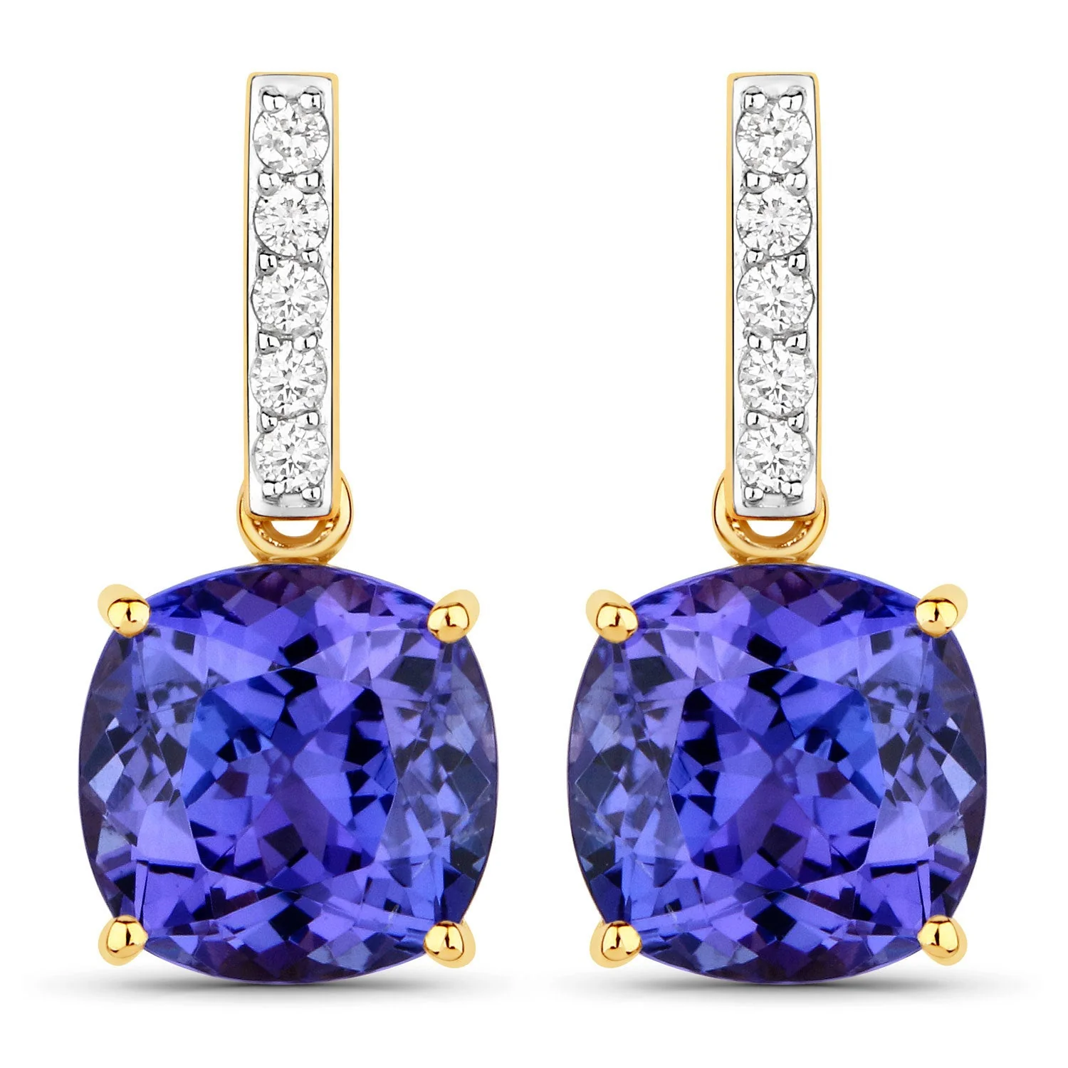 5.64 Carat Genuine Tanzanite and White Diamond 14K Yellow Gold Earrings