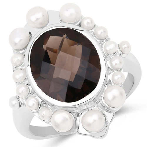 5.75 Carat Genuine Smoky Quartz and Pearl .925 Sterling Silver Ring - Image 4