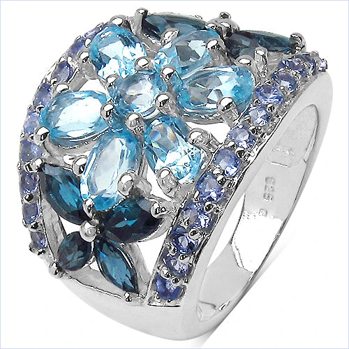 6.06 Carat Genuine Blue Topaz, London Blue Topaz & Tanzanite .925 Sterling Silver Ring - Image 2