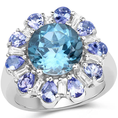 6.19 Carat Genuine London Blue Topaz, Tanzanite & White Topaz .925 Sterling Silver Ring - Image 4