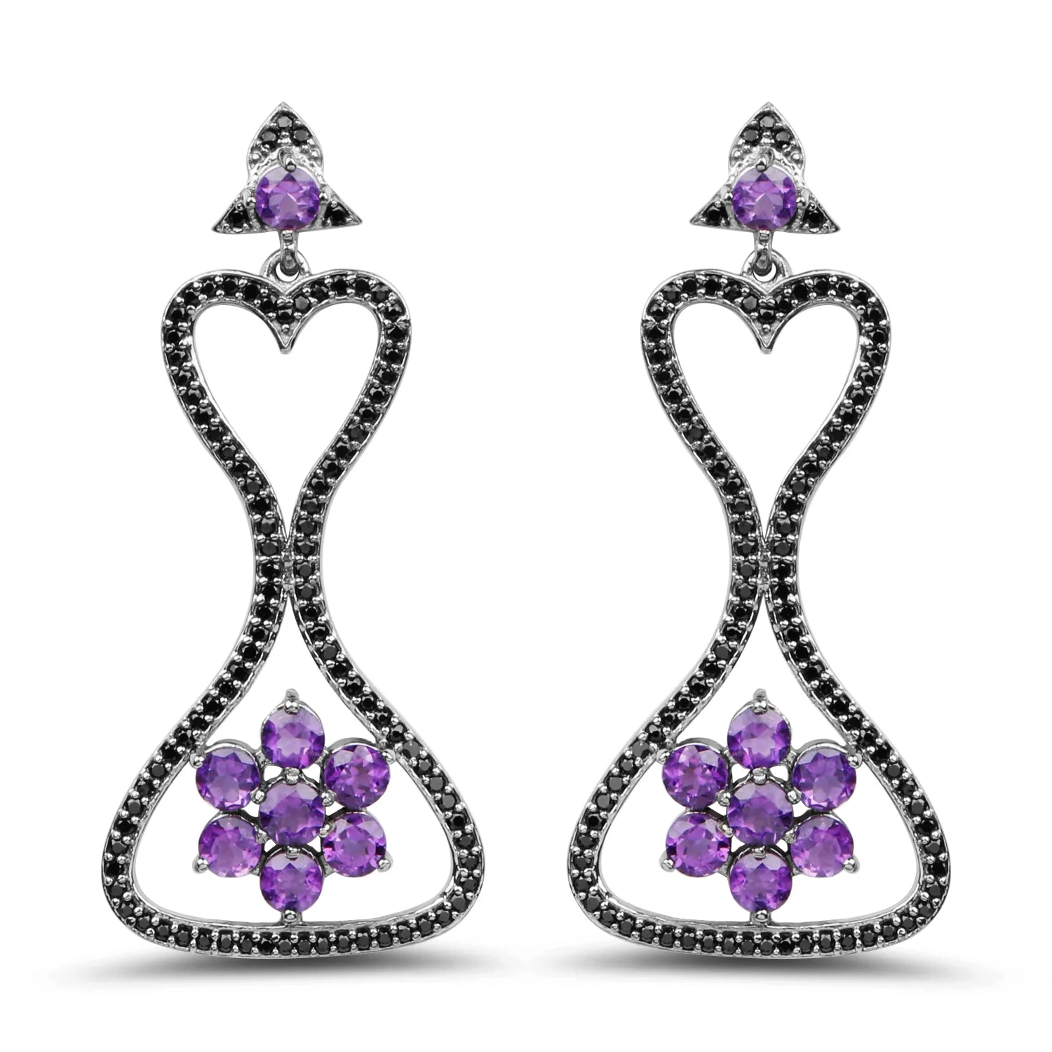 6.31 Carat Genuine Amethyst & Black Spinel .925 Sterling Silver Earrings - Image 2