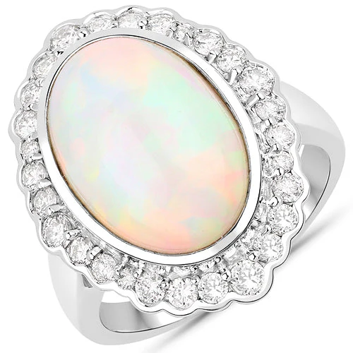 6.38 Carat Genuine Ethiopian Opal and White Diamond 14K White Gold Ring - Image 2