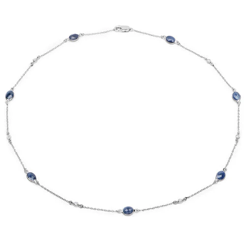 6.43 Carat Genuine Blue Sapphire and White Diamond .925 Sterling Silver Necklace - Image 3
