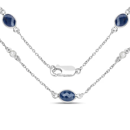 6.43 Carat Genuine Blue Sapphire and White Diamond .925 Sterling Silver Necklace - Image 4